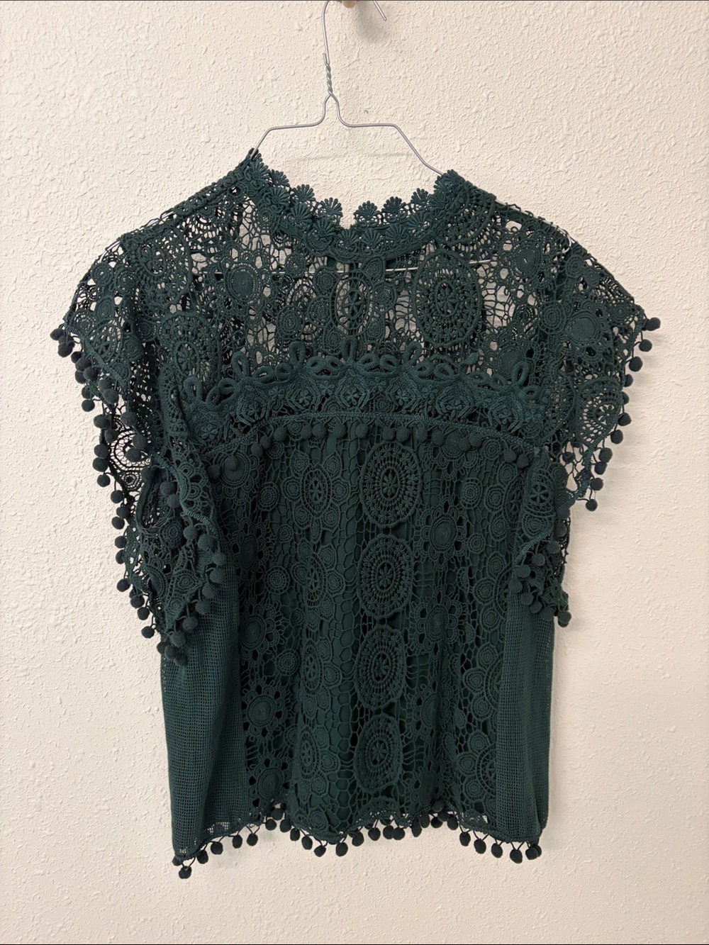 Tularosa Forest Green Crochet Lace Pom-Pom Sleeve Top